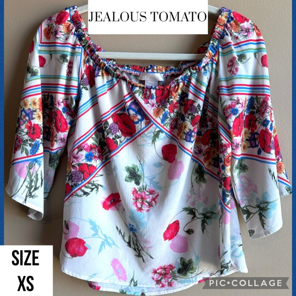 Jealous Tomato Womens Top Off the Shoulder 3/4 Bell Sleeve Boho Bright Floral XS